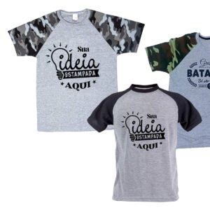 Camiseta Raglan Cinza Mescla com Manga Camuflada Personalizada